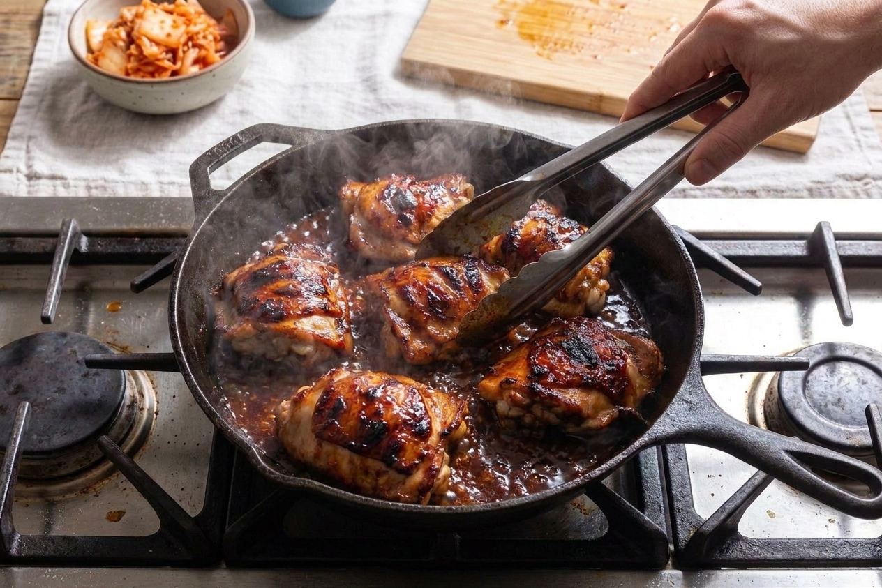 Korean BBQ chicken thighs sizzling in a cast iron skillet with caramelized edges and bubbling sauce on a home stove