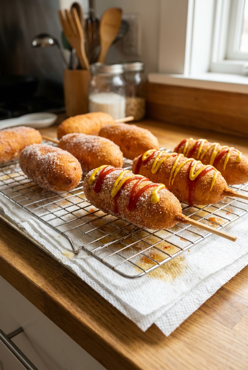 Korean corn dogs cooling on a wire rack with paper towels underneath