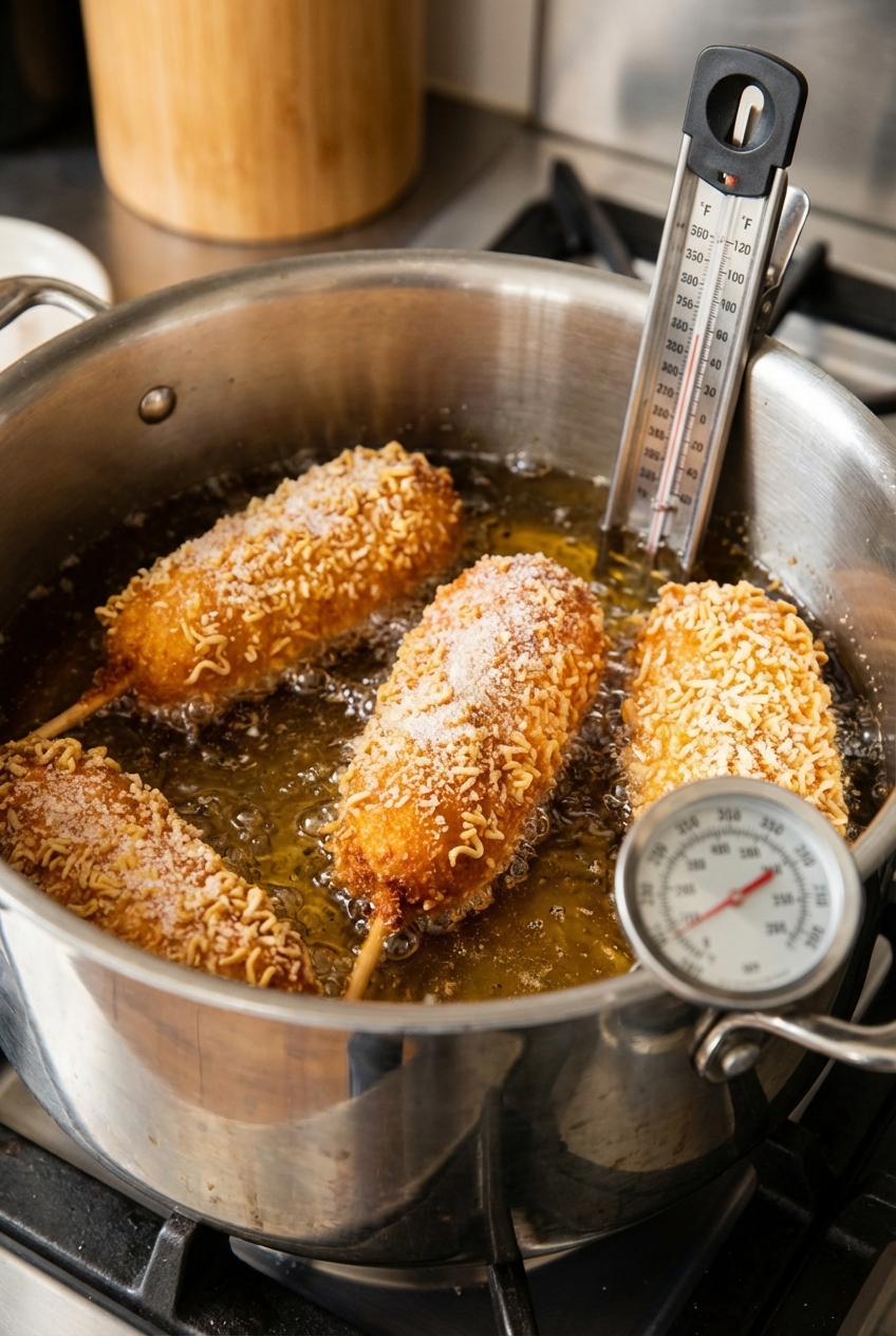 Korean corn dogs frying in a pot of oil with a thermometer clipped to the side