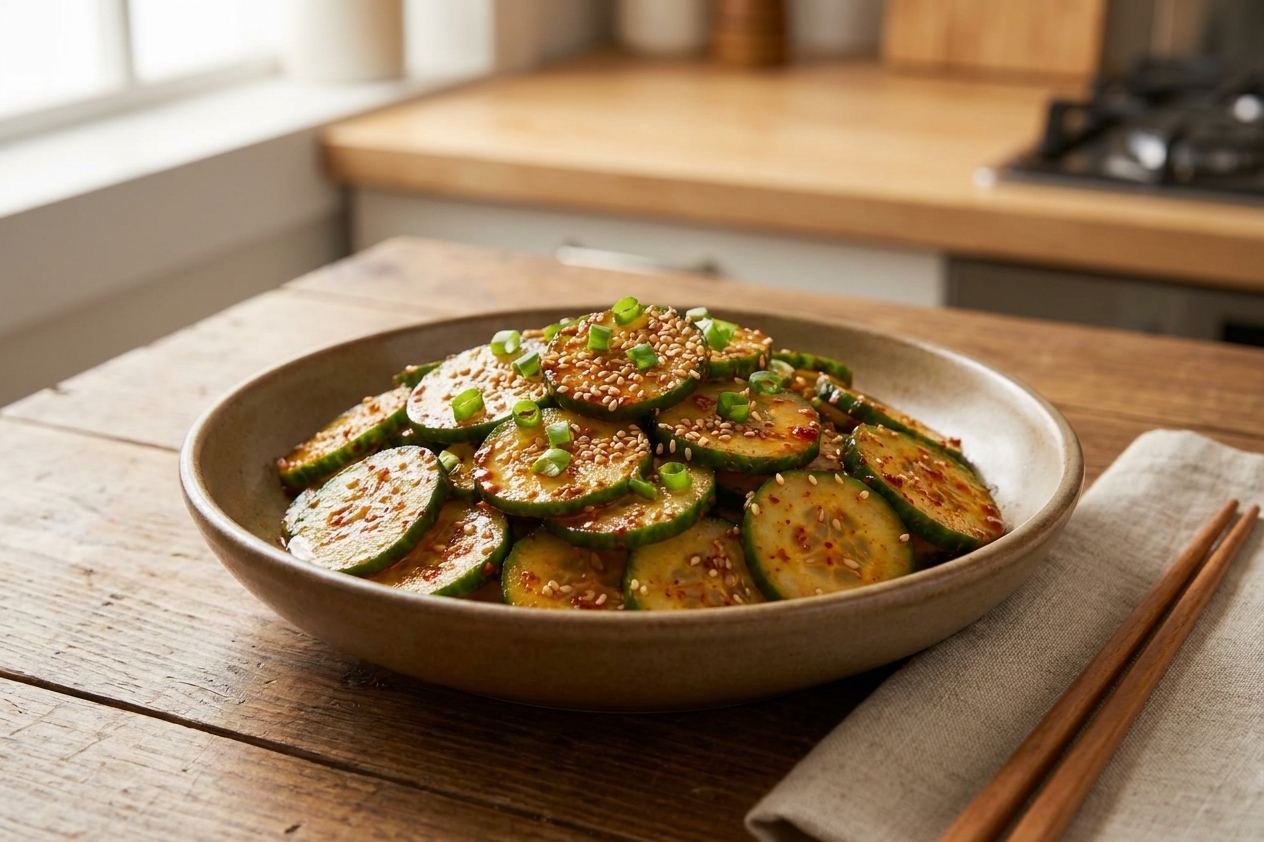 Korean cucumber salad served in a shallow bowl with sesame seeds and sliced scallions on a simple dinner table setting