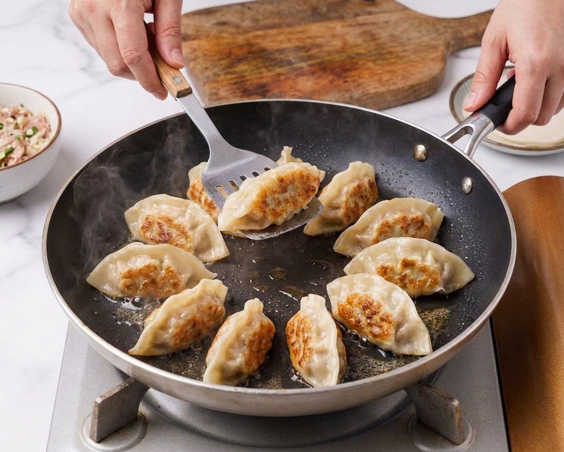 Korean mandu dumplings browning in a nonstick skillet with crisp golden bottoms forming on a home stove