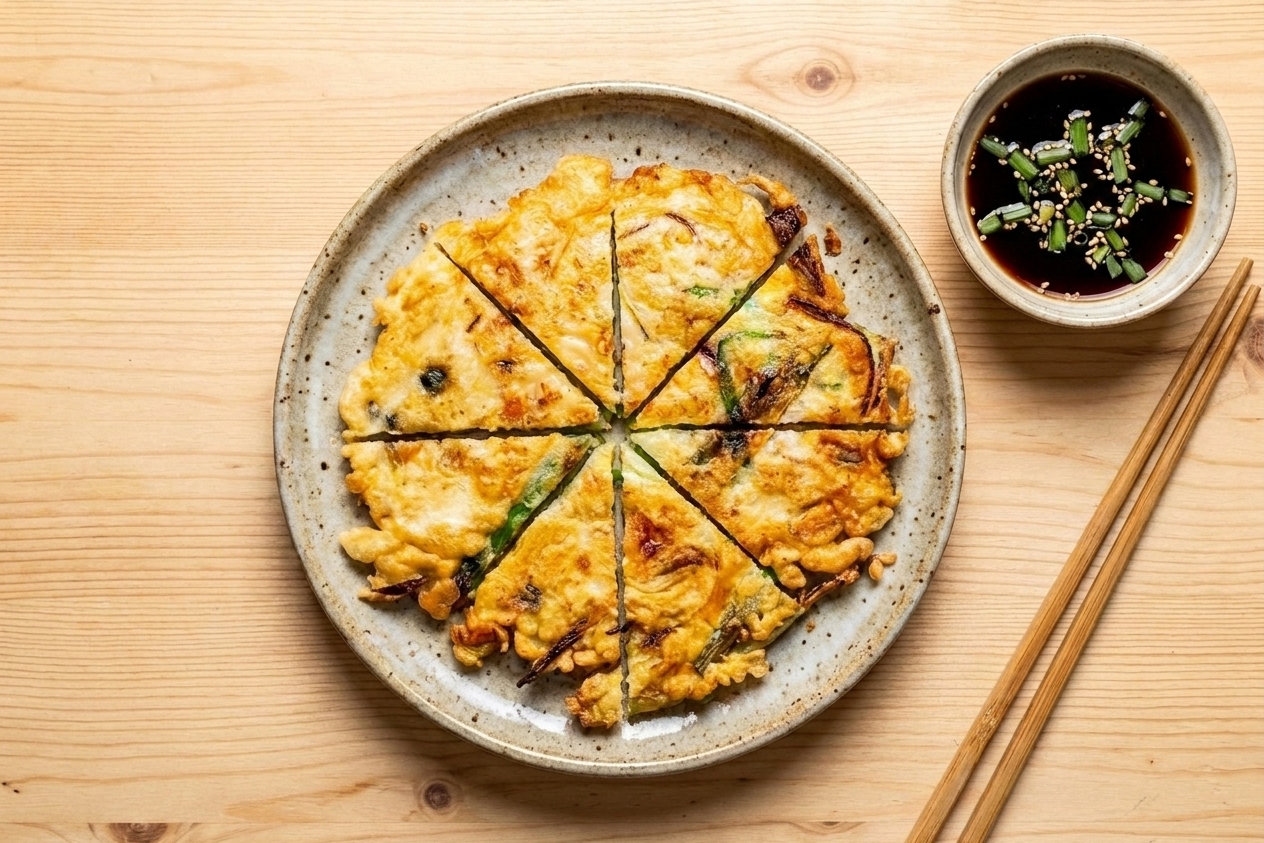 Korean scallion pancake cut into wedges on a plate with a small bowl of dipping sauce and chopsticks on the table