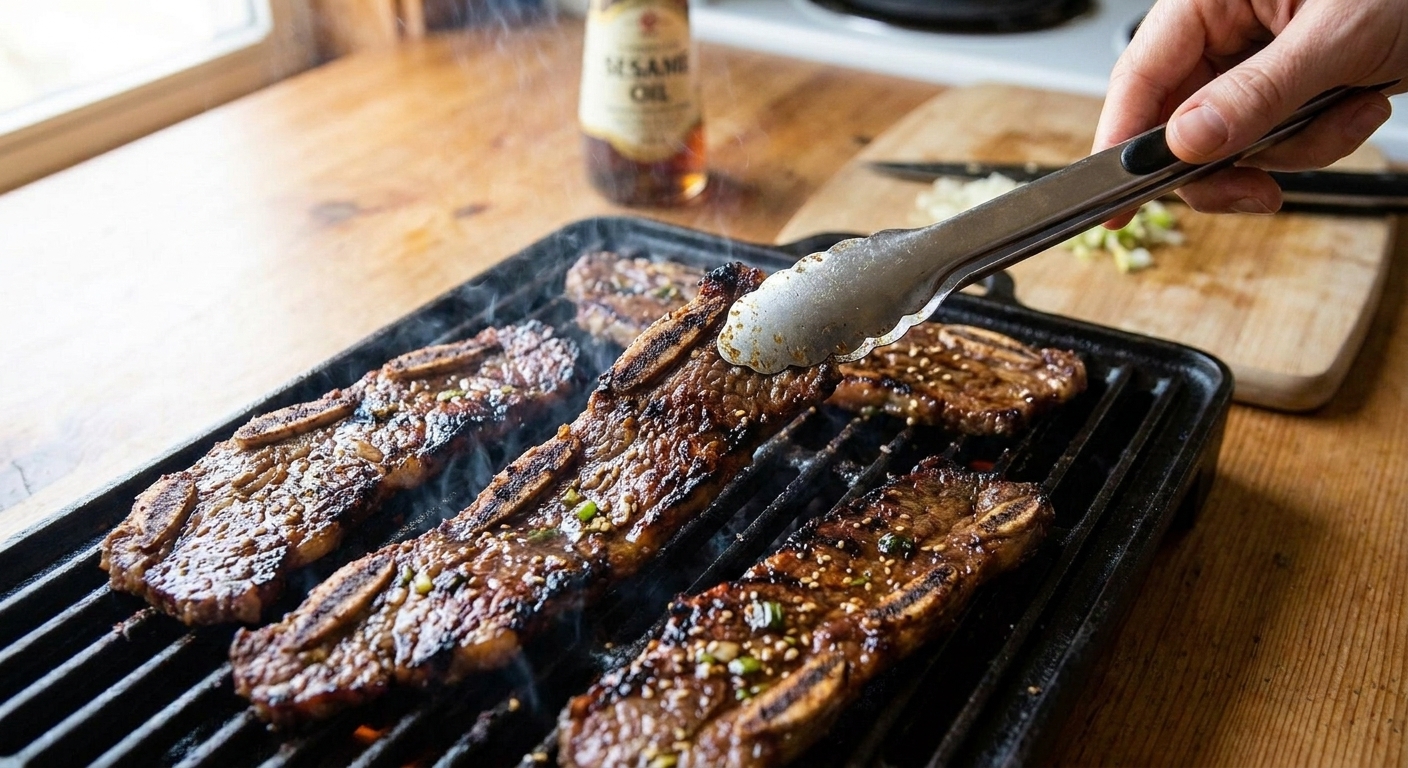 Korean short ribs grilling on hot grates with caramelized edges forming and light charring