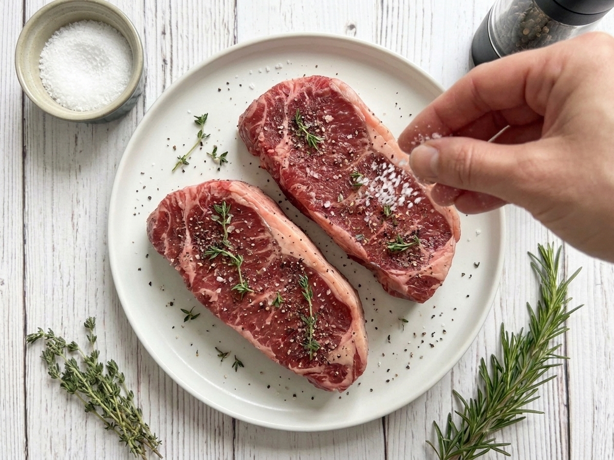 Kosher salt being sprinkled over raw New York strip steaks on a plate near black pepper and fresh herbs on a kitchen counter