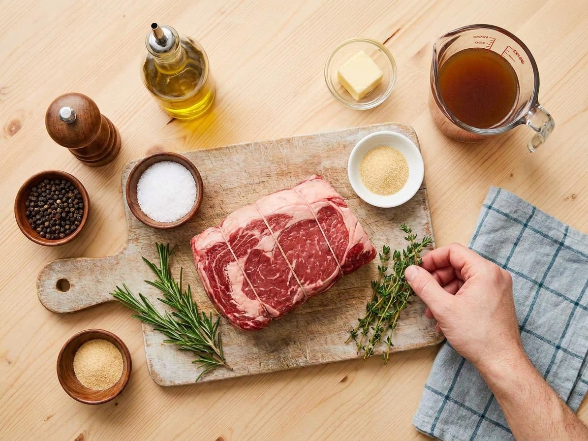 Kosher salt, black pepper, garlic powder, fresh rosemary, fresh thyme, olive oil, butter, and beef broth arranged on a kitchen counter next to a tied ribeye roast