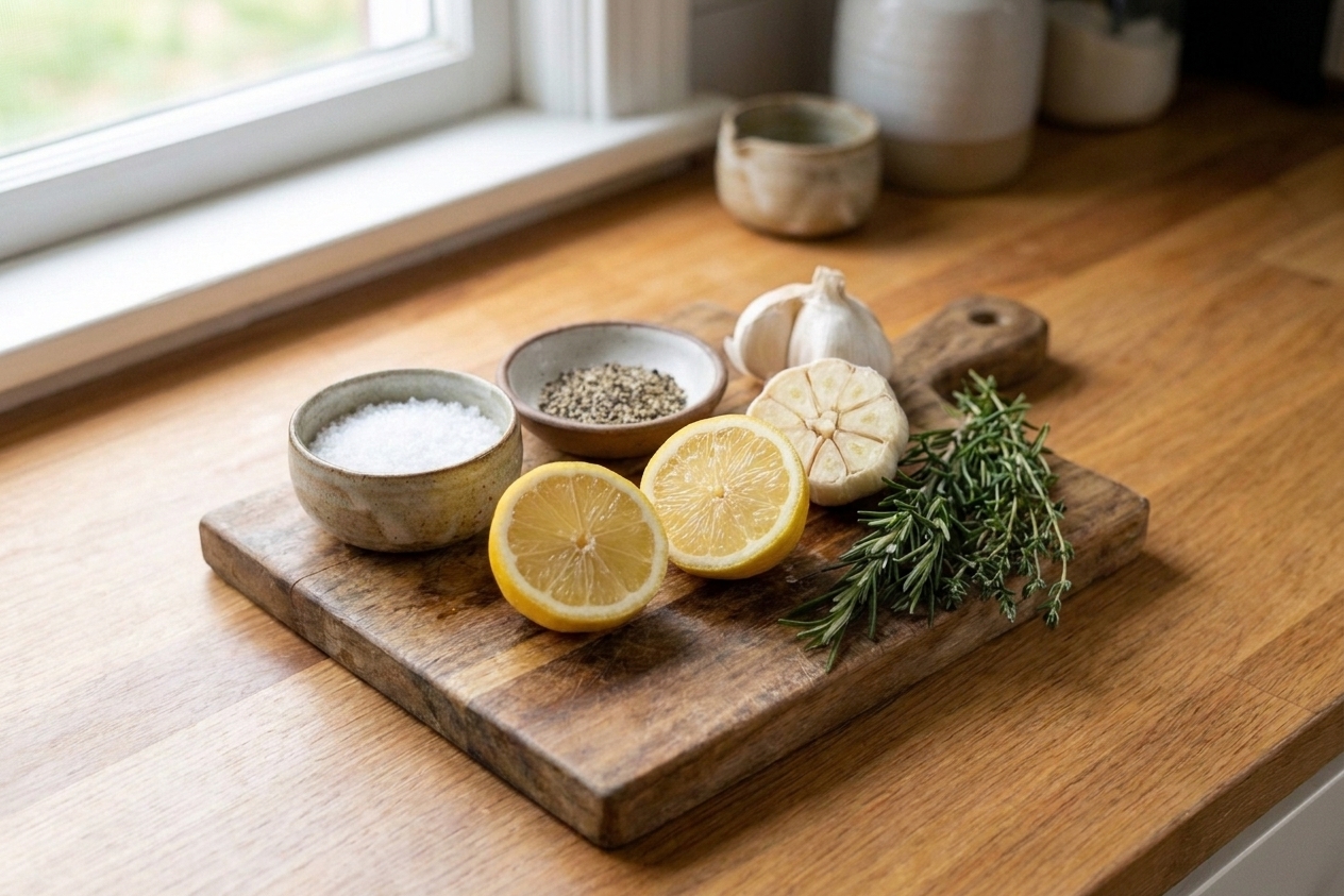 Kosher salt, black pepper, halved lemon, halved garlic head, and rosemary sprigs laid out on a wooden cutting board