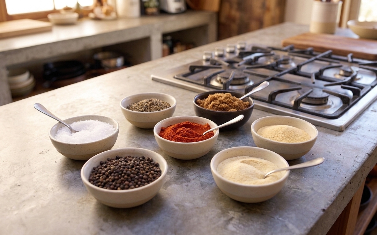 Kosher salt, black pepper, paprika, brown sugar, garlic powder, and onion powder arranged in small bowls on a bright kitchen counter