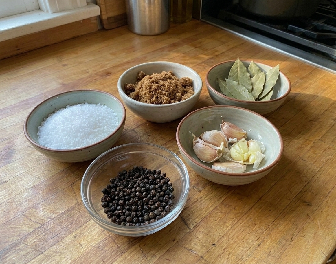 Kosher salt, brown sugar, peppercorns, bay leaves, and smashed garlic measured out in small bowls on a kitchen counter