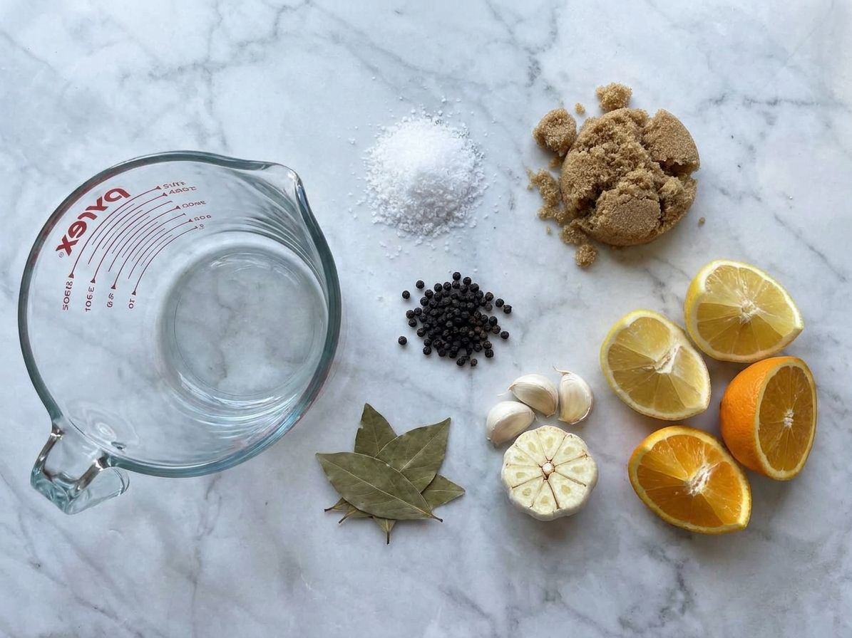 Kosher salt, brown sugar, peppercorns, bay leaves, garlic, and citrus arranged on a kitchen counter next to a large measuring cup