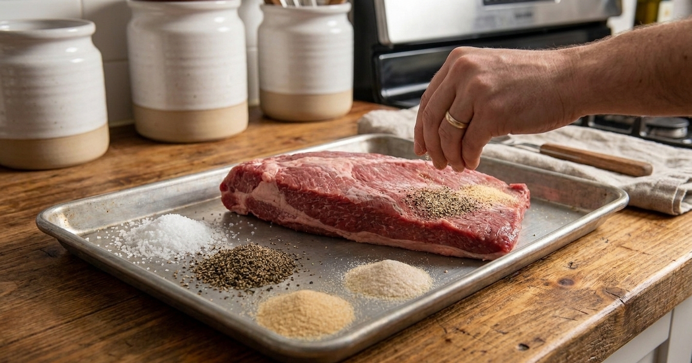 Kosher salt, coarse black pepper, garlic powder, onion powder, and a brisket on a sheet pan on a kitchen counter
