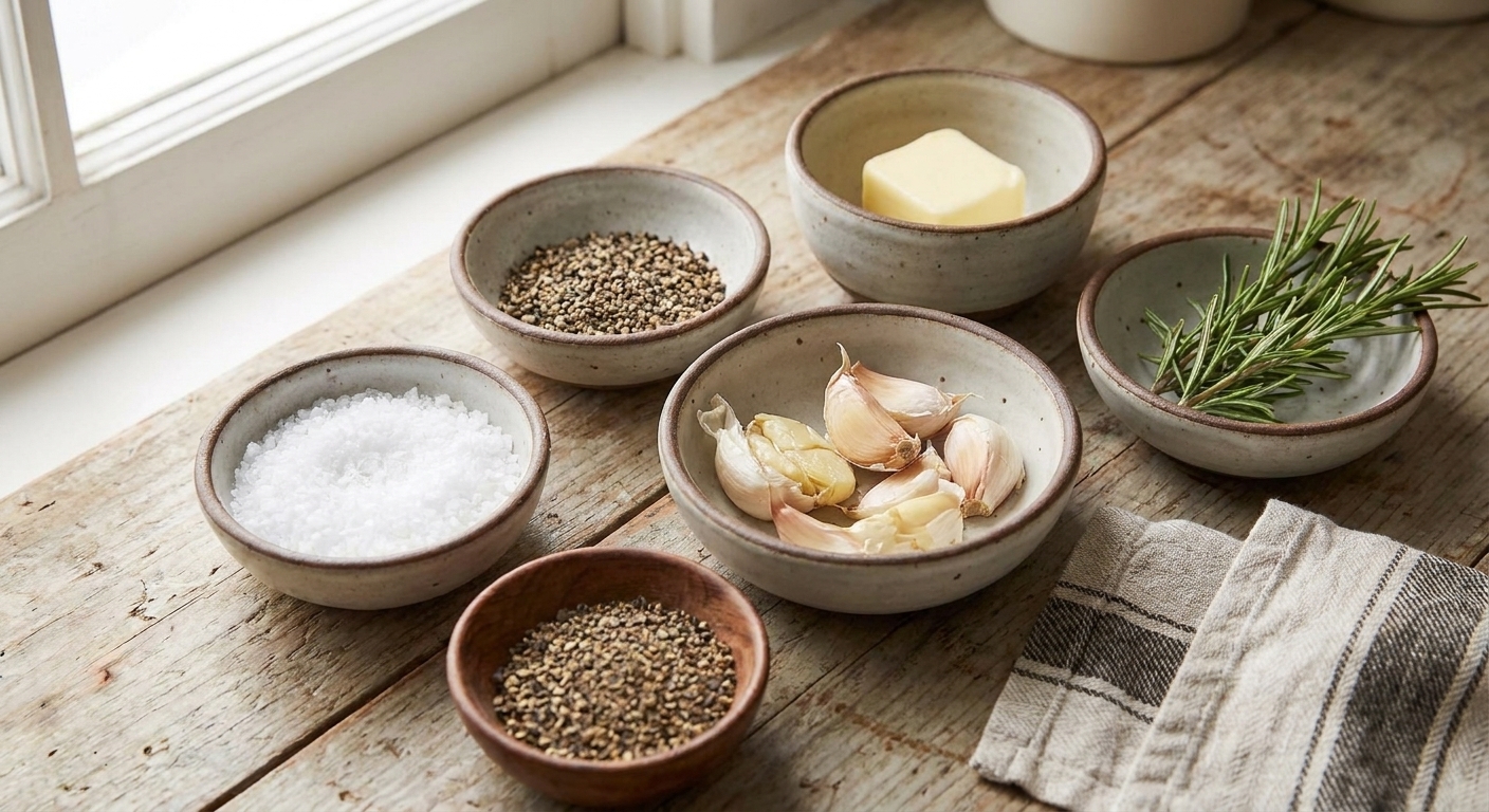 Kosher salt, cracked black pepper, butter, smashed garlic cloves, and fresh rosemary arranged in small bowls on a kitchen counter