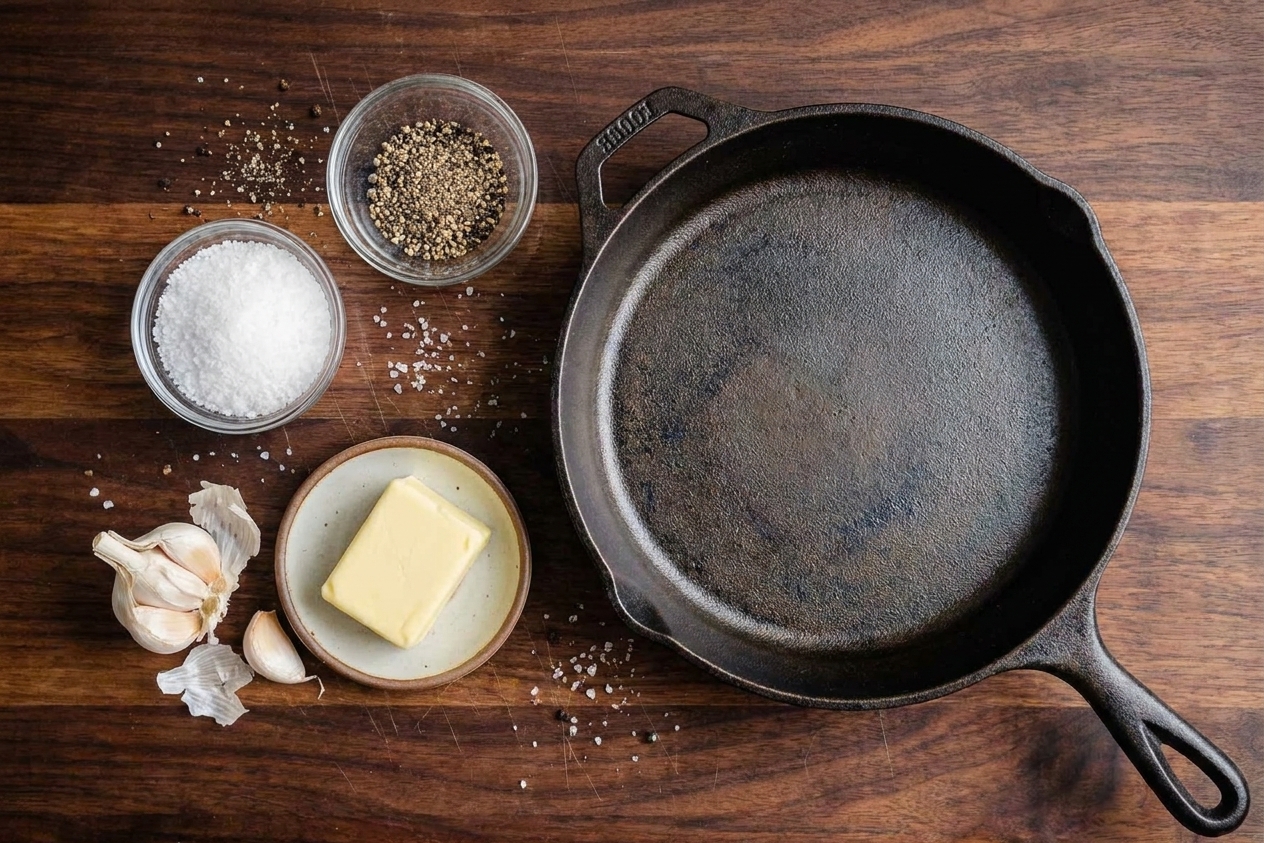 Kosher salt, cracked black pepper, garlic cloves, and butter arranged on a kitchen counter next to a cast iron skillet