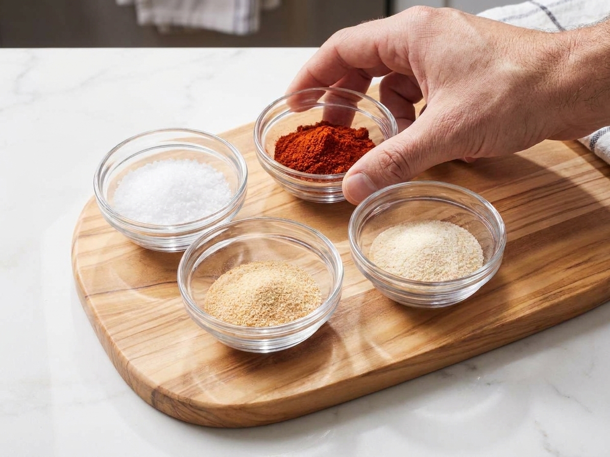 Kosher salt, paprika, garlic powder, and onion powder measured out in small bowls on a kitchen counter