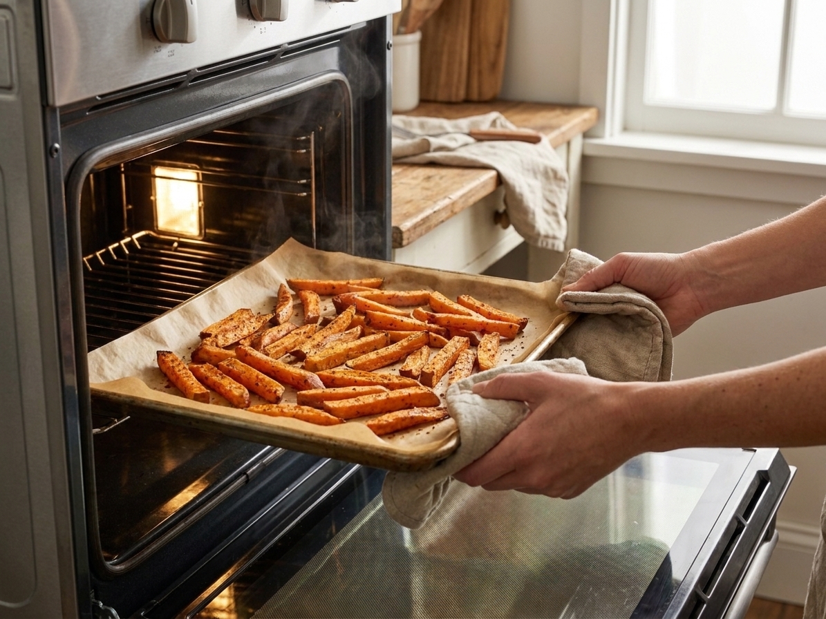 Kumara fries spread in a single layer on a parchment-lined sheet pan being slid into a preheated oven