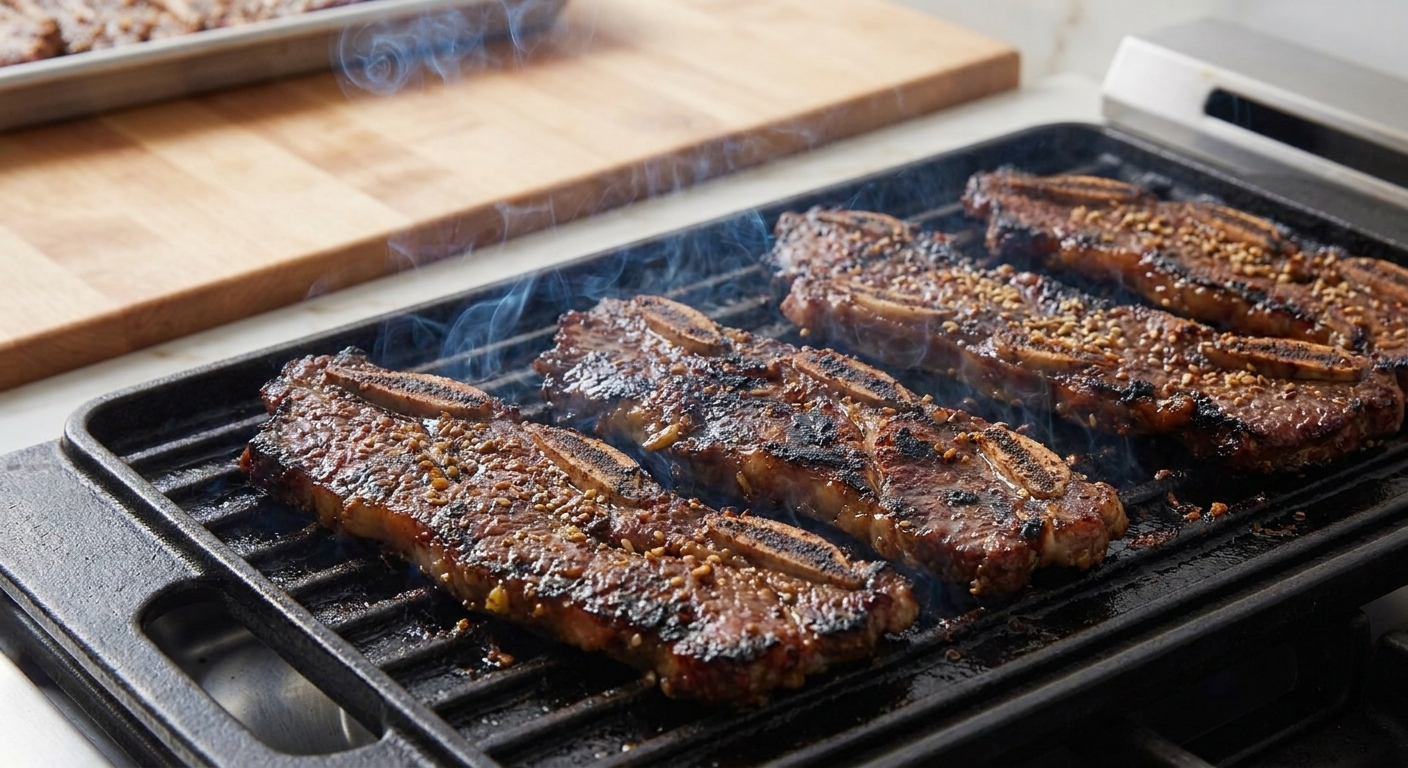LA-style galbi short ribs sizzling on grill grates with visible caramelized edges and light smoke