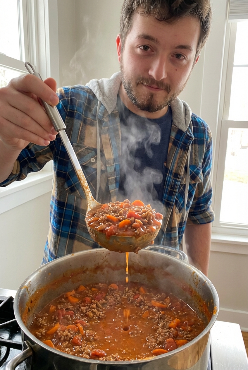 Ladle lifting thick, meaty bolognese sauce from a pot