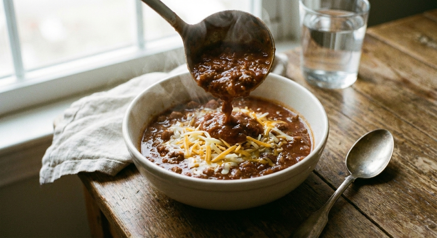 Ladle pouring thick chili into a bowl with shredded cheese melting on top