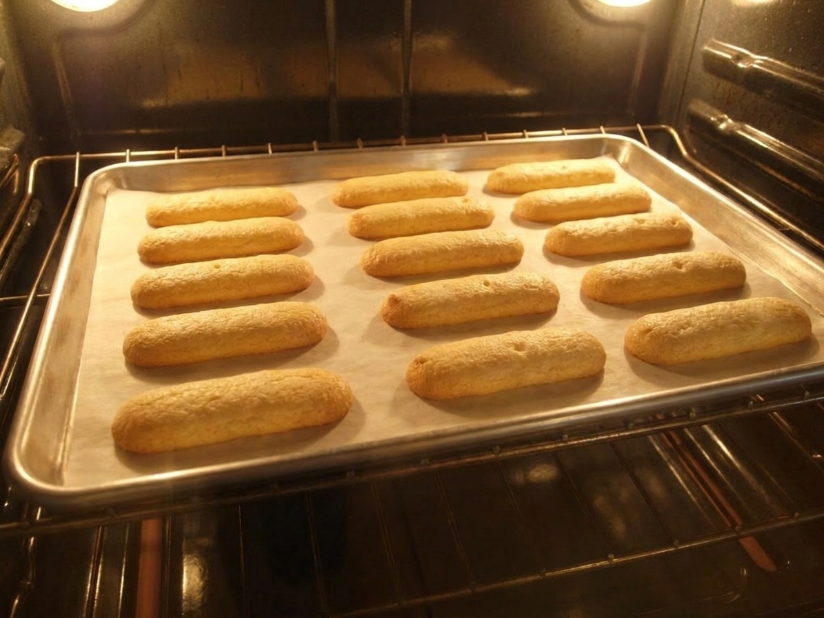 Ladyfingers baking on a parchment-lined sheet pan inside a home oven with the light on