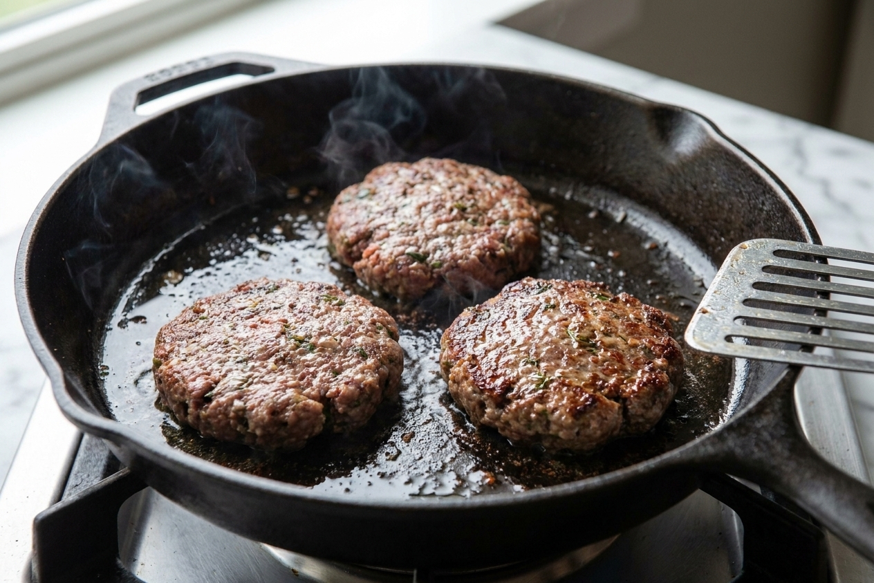 Lamb burger patties searing in a cast iron skillet with browned edges and a light sheen of oil