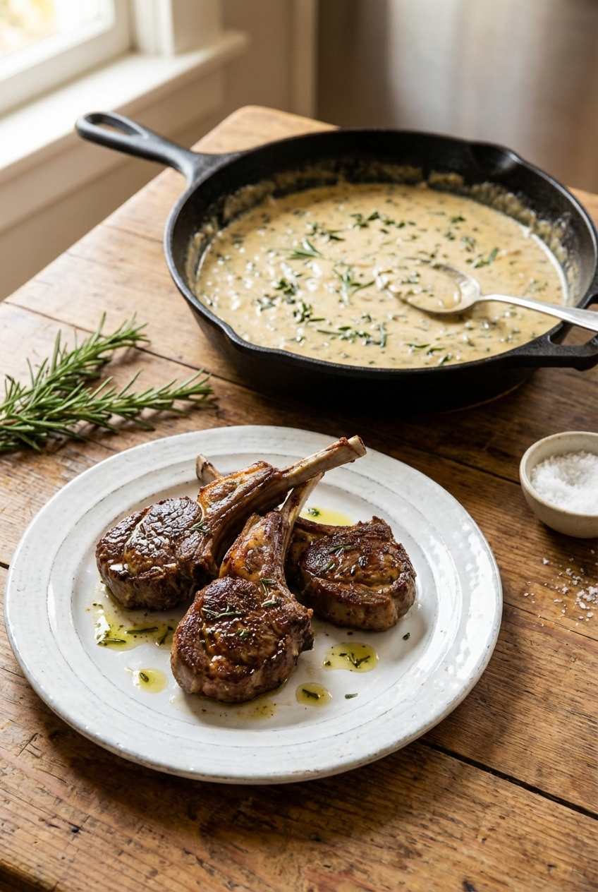Lamb chops resting on a plate next to a skillet of creamy garlic herb sauce