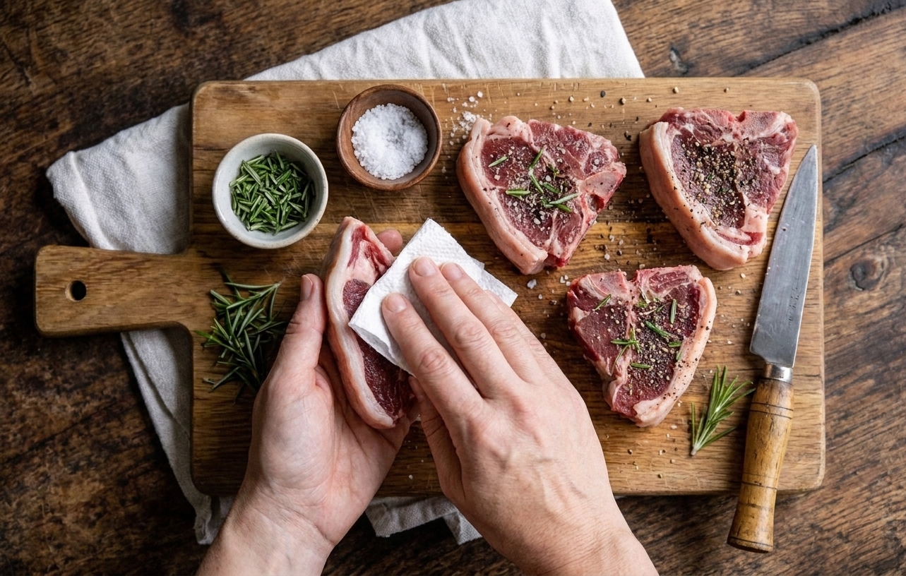 Lamb loin chops being patted dry and seasoned with salt, pepper, and chopped rosemary on a cutting board under warm kitchen lighting