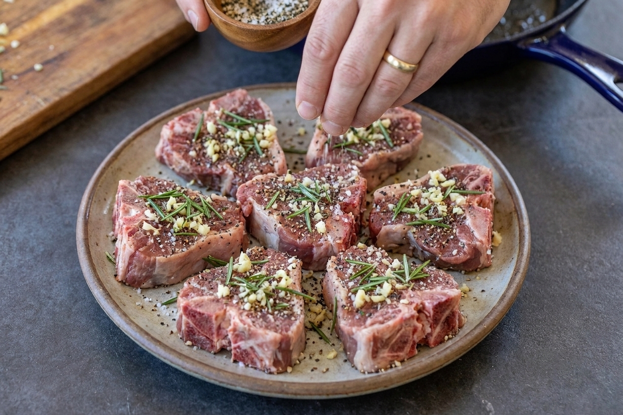Lamb loin chops on a plate coated with salt, pepper, garlic seasoning, and chopped rosemary on a kitchen counter