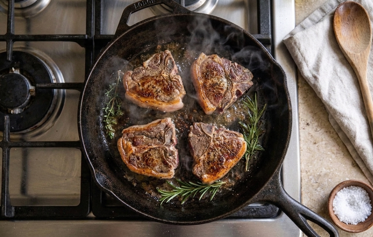 Lamb loin chops searing in a cast iron skillet with browned edges forming, viewed from above on a home stove
