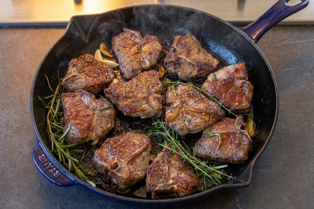 Lamb loin chops sizzling in a cast iron skillet with browned edges forming on a stovetop under warm kitchen lighting