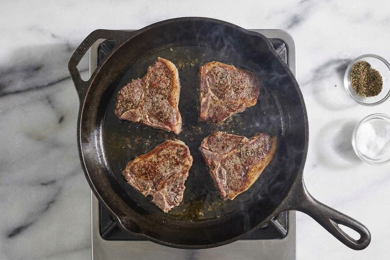 Lamb loin steaks searing in a hot skillet with browned edges forming, kitchen stovetop scene