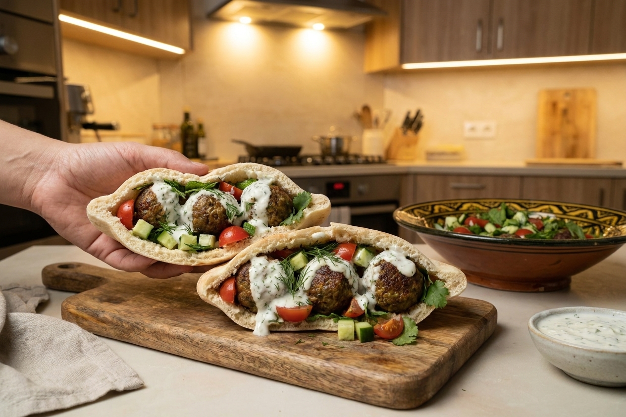 Lamb meatballs served in a warm pita with cucumber, tomatoes, and a generous drizzle of lemon herb yogurt sauce on a dinner table