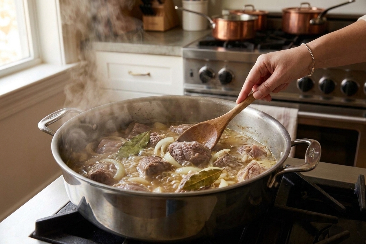 Lamb pieces simmering in a large pot with onions and bay leaves, steam rising on a home stove