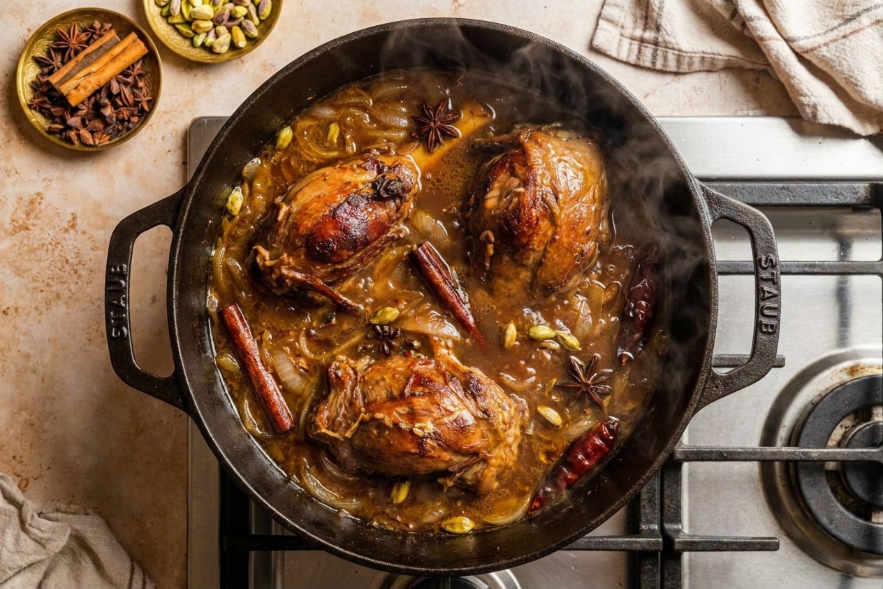 Lamb pieces simmering in a pot with onions and whole spices, steam rising over a stovetop