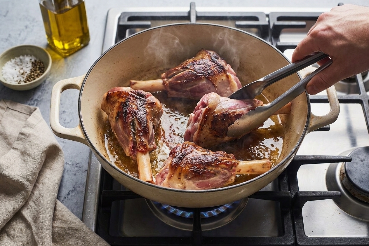 Lamb shanks browning in a Dutch oven on a stovetop with visible caramelized edges