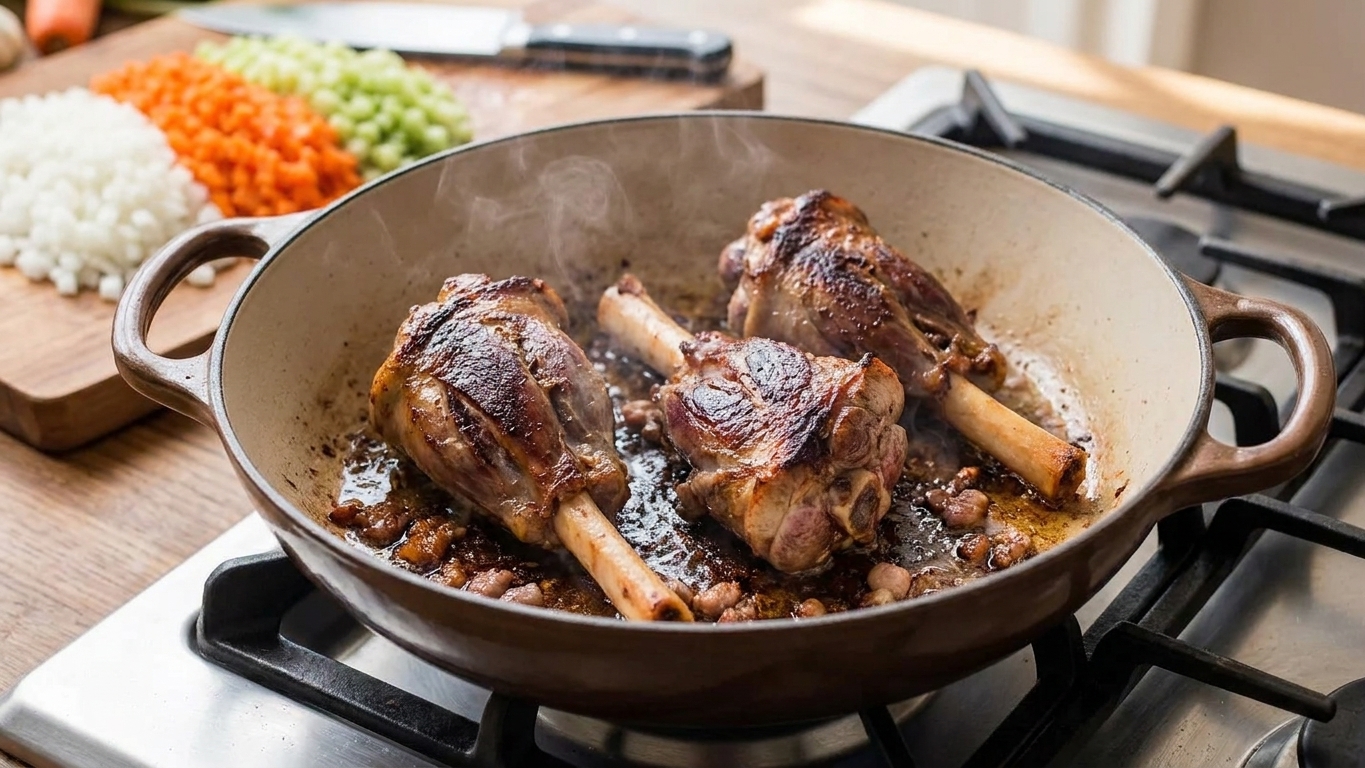 Lamb shanks browning in a Dutch oven on a stovetop with visible caramelized edges and light steam rising