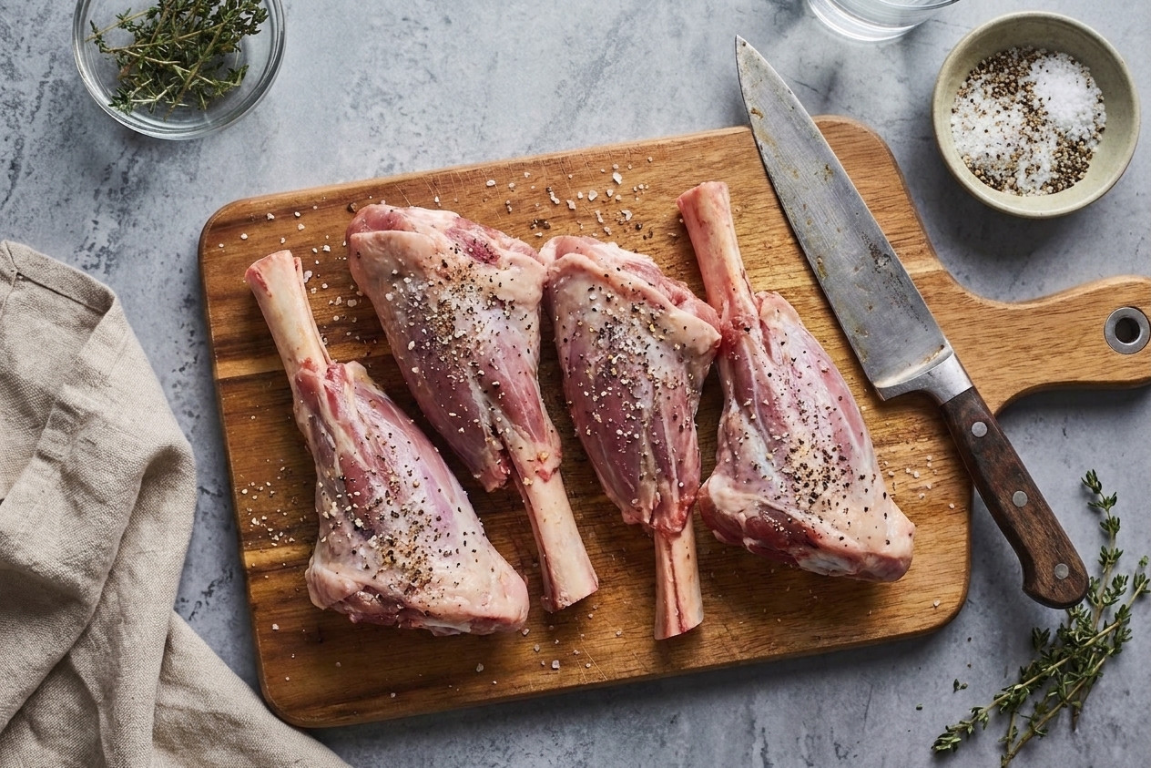 Lamb shanks seasoned with salt and pepper on a cutting board, ready to be seared