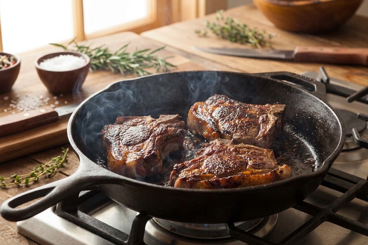 Lamb shoulder chops browning in a cast iron skillet with visible caramelized edges and light smoke rising on a home stove