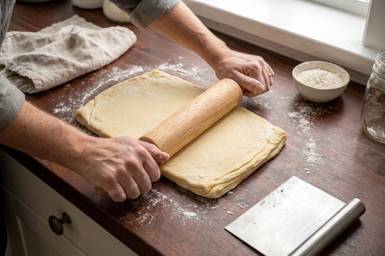 Laminated dough being rolled with a rolling pin on a lightly floured counter with a bench scraper nearby