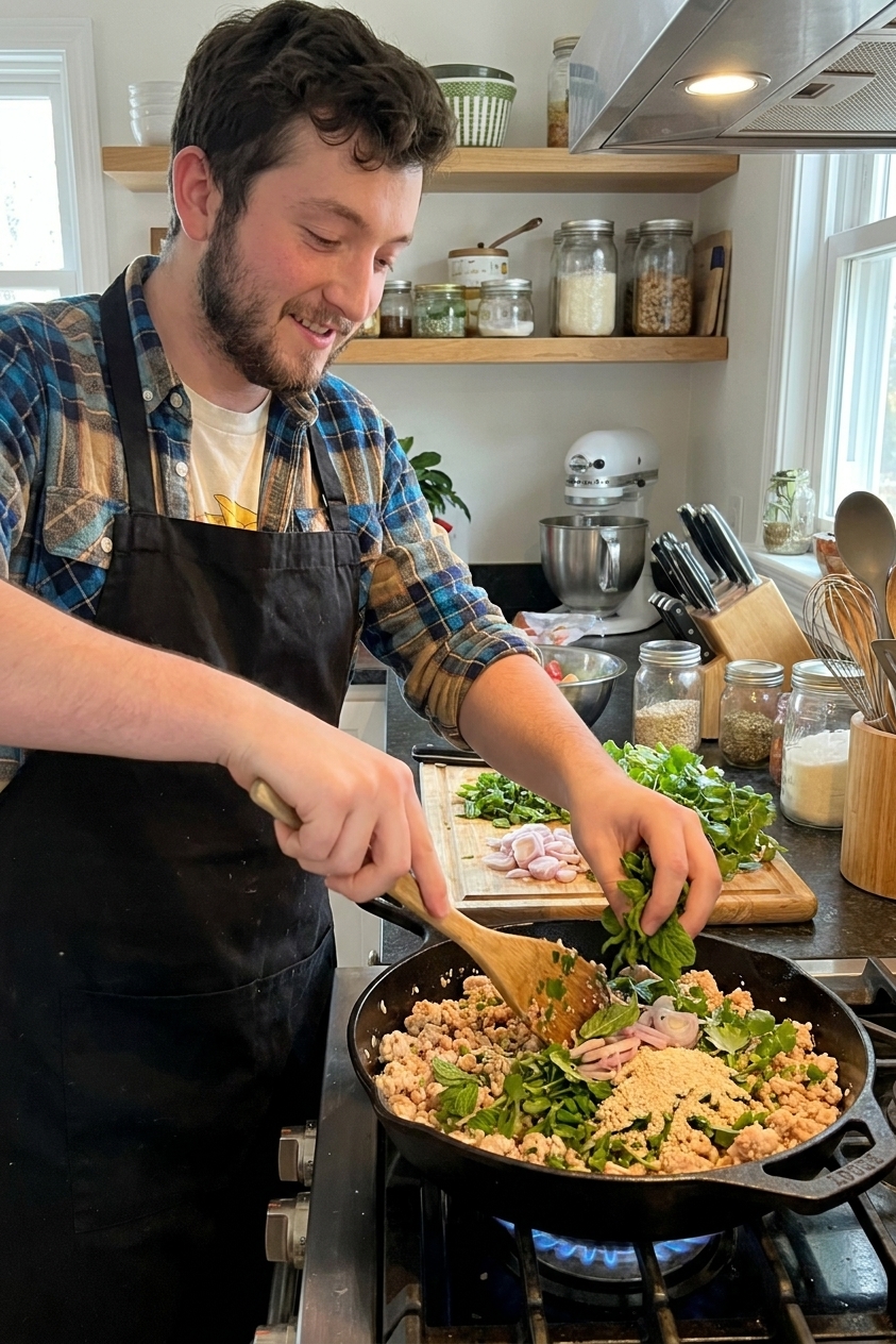 Larb gai being mixed in a skillet with fresh herbs, sliced shallots, and toasted rice powder