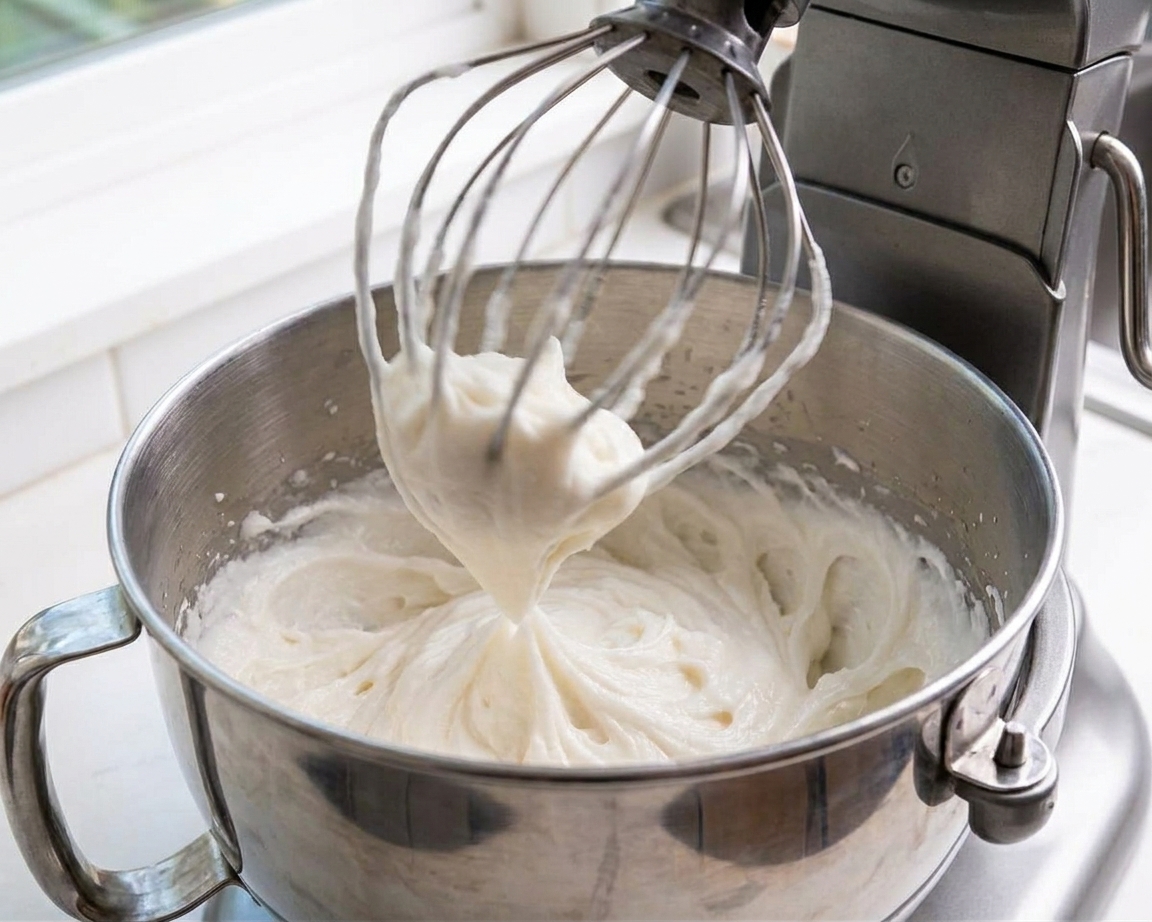 Lard being whipped in a stand mixer bowl until pale and fluffy