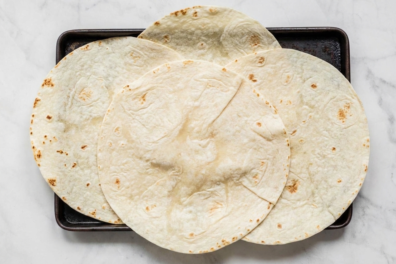 Large flour tortillas overlapping and hanging over the edges of a rimmed sheet pan on a kitchen counter