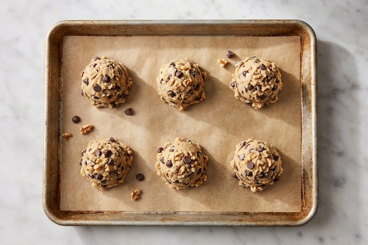 Large scoops of chocolate chip cookie dough spaced out on a parchment-lined baking sheet