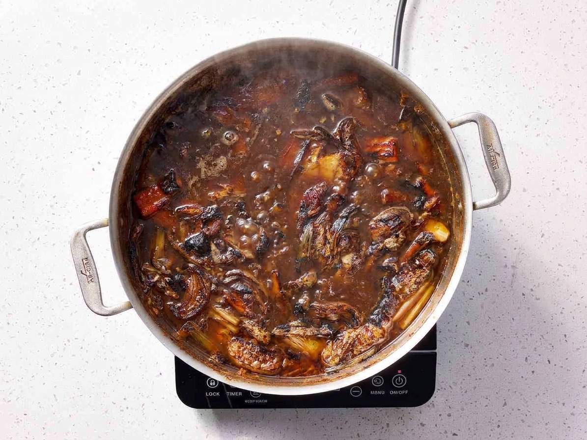 Large stockpot with beef bones and vegetables gently simmering on a stovetop with only small bubbles breaking the surface