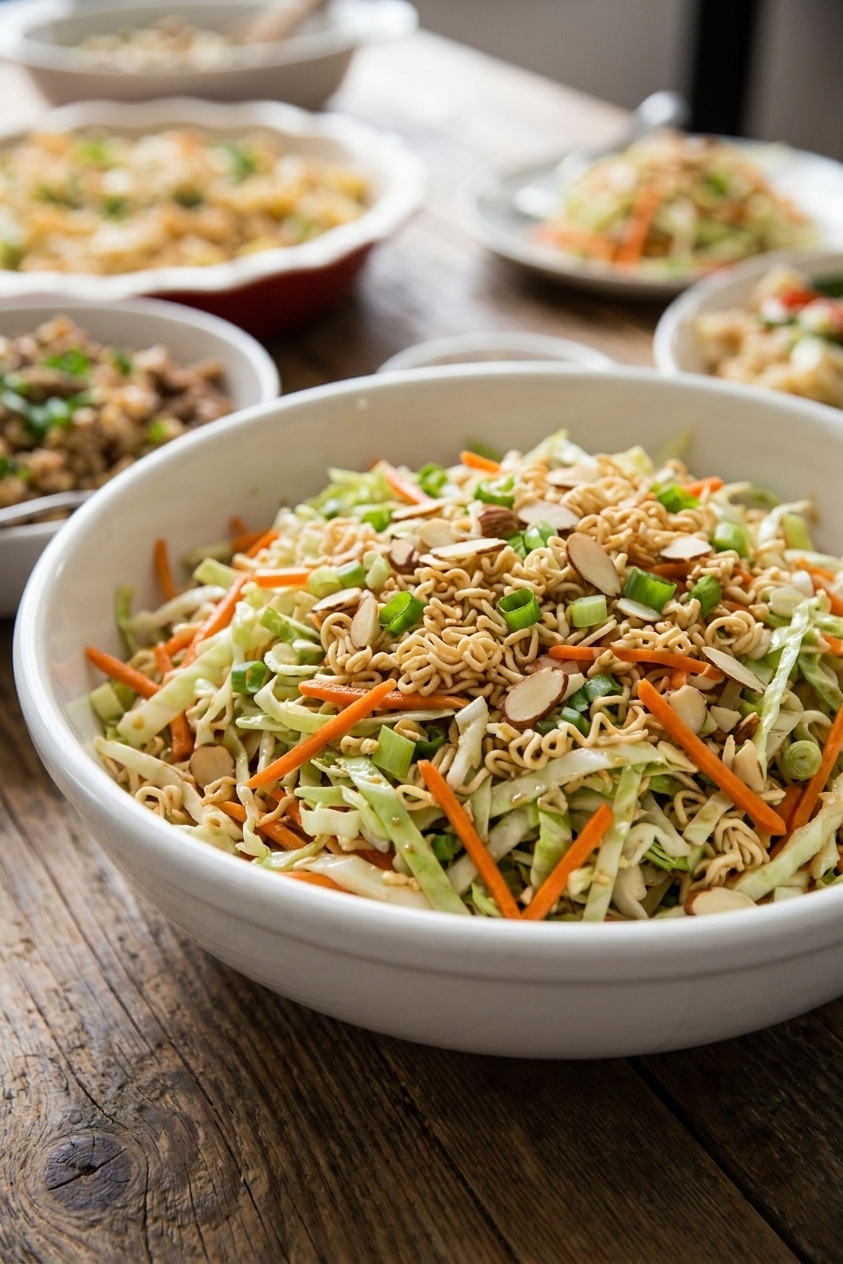 Large white serving bowl of ramen noodle crunch salad with shredded green cabbage, carrots, scallions, toasted crushed ramen noodles, and sliced almonds on a wooden potluck table