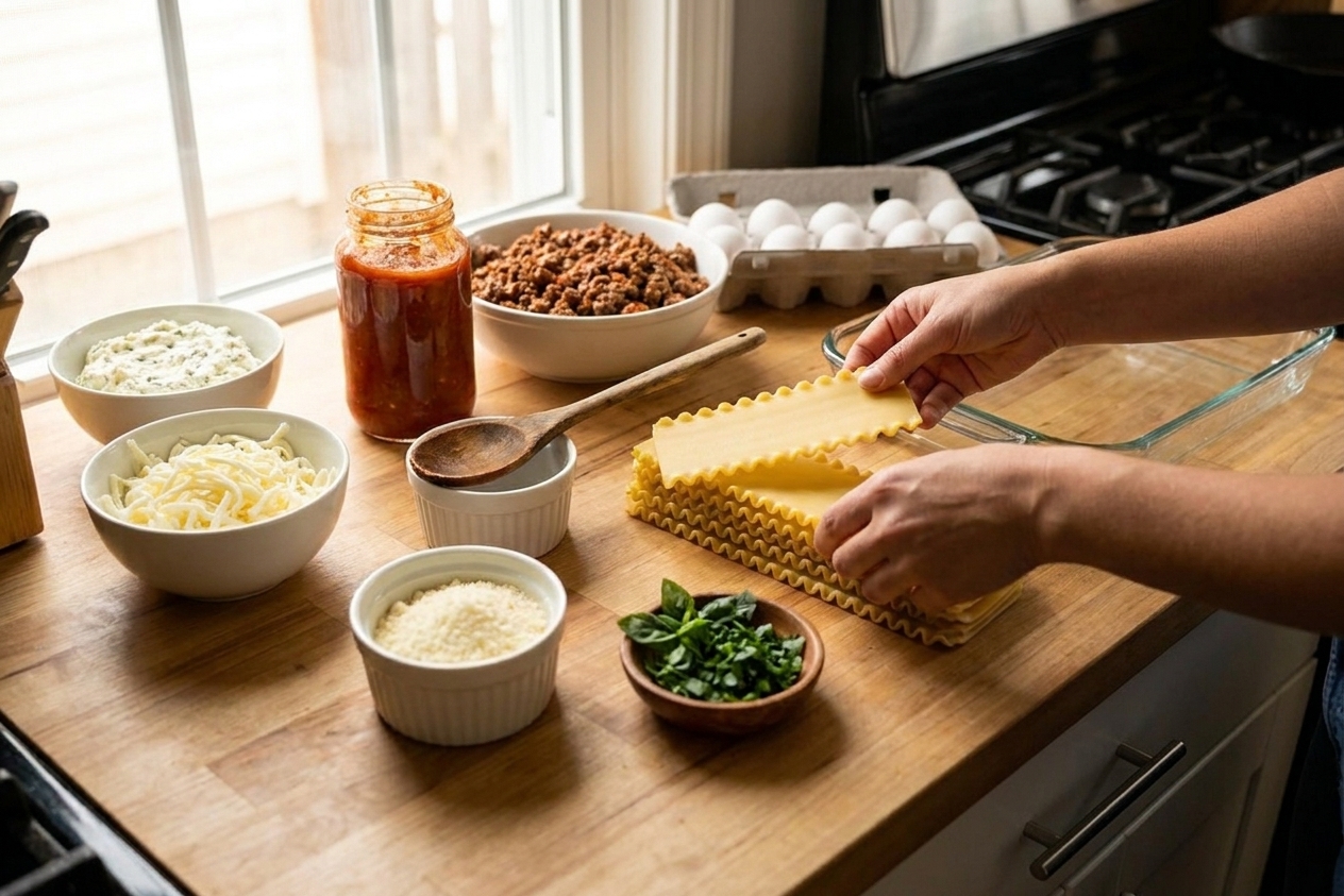 Lasagna ingredients arranged on a bright kitchen counter including ricotta, mozzarella, Parmesan, ground meat, marinara, eggs, herbs, and lasagna noodles