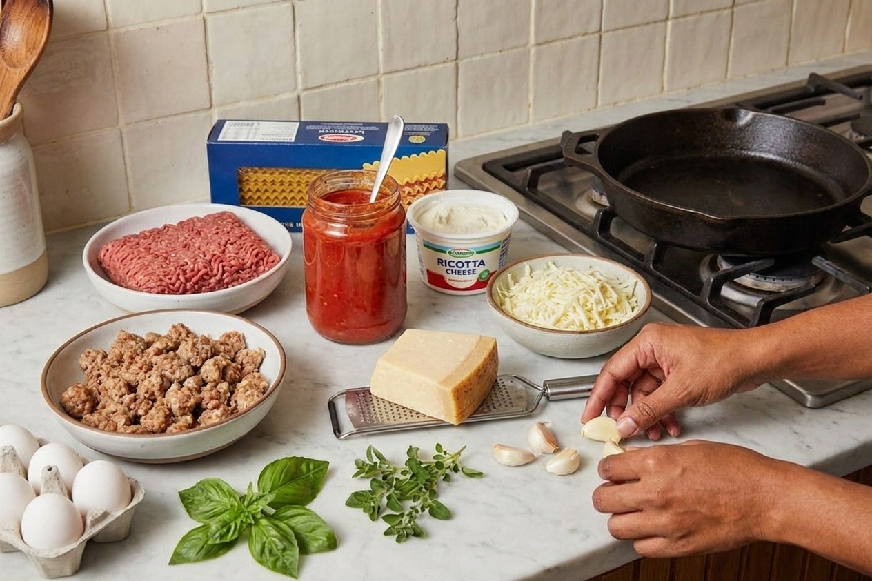 Lasagna ingredients arranged on a home kitchen counter including ground beef, Italian sausage, jarred marinara, ricotta, mozzarella, parmesan, eggs, lasagna noodles, garlic, and herbs