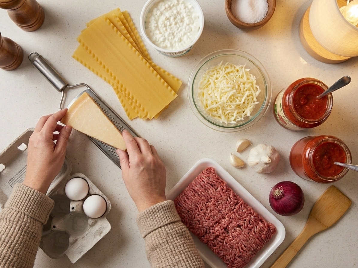 Lasagna ingredients arranged on a kitchen counter including lasagna noodles, cottage cheese, mozzarella, Parmesan, eggs, ground meat, garlic, onion, and jars of marinara in consistent warm kitchen lighting