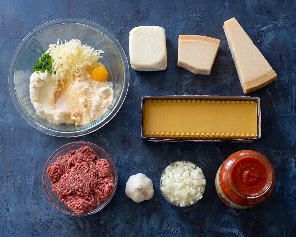 Lasagna ingredients arranged on a kitchen counter including ricotta, mozzarella, Parmesan, noodles, ground meat, garlic, onion, and a jar of marinara