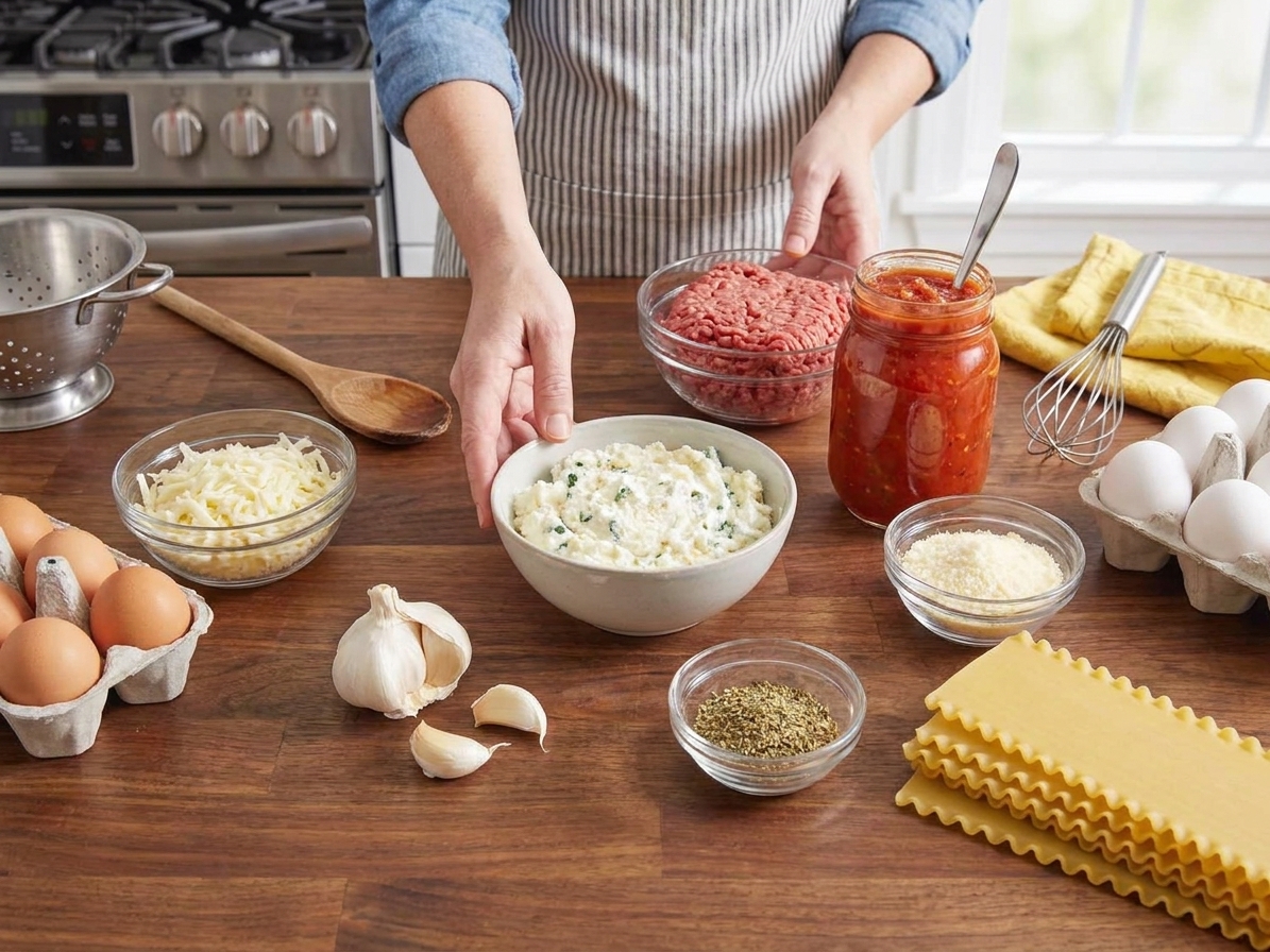 Lasagna ingredients arranged on a kitchen counter including ground beef, marinara, ricotta, mozzarella, Parmesan, lasagna noodles, eggs, garlic, and Italian seasoning