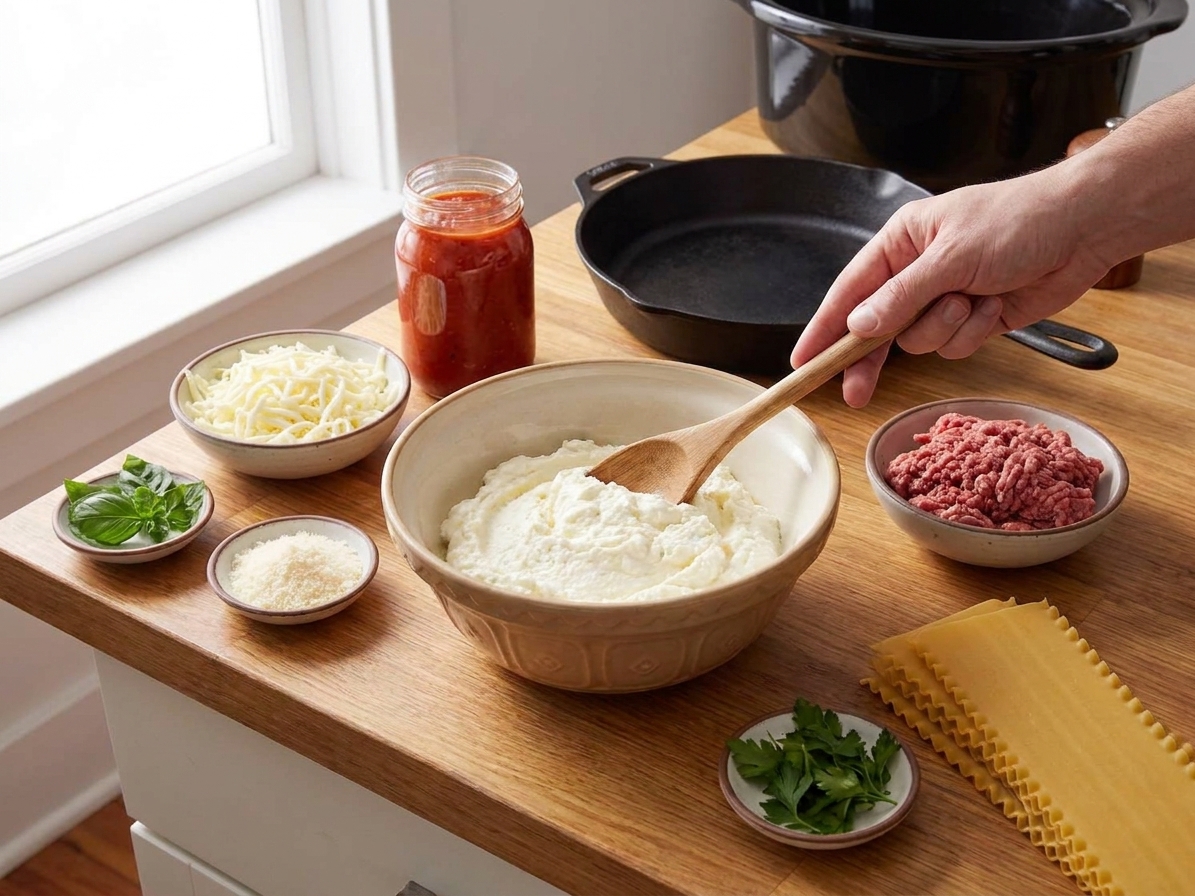 Lasagna ingredients arranged on a kitchen counter including ricotta, shredded mozzarella, Parmesan, jarred marinara, ground beef, lasagna noodles, and herbs in small bowls