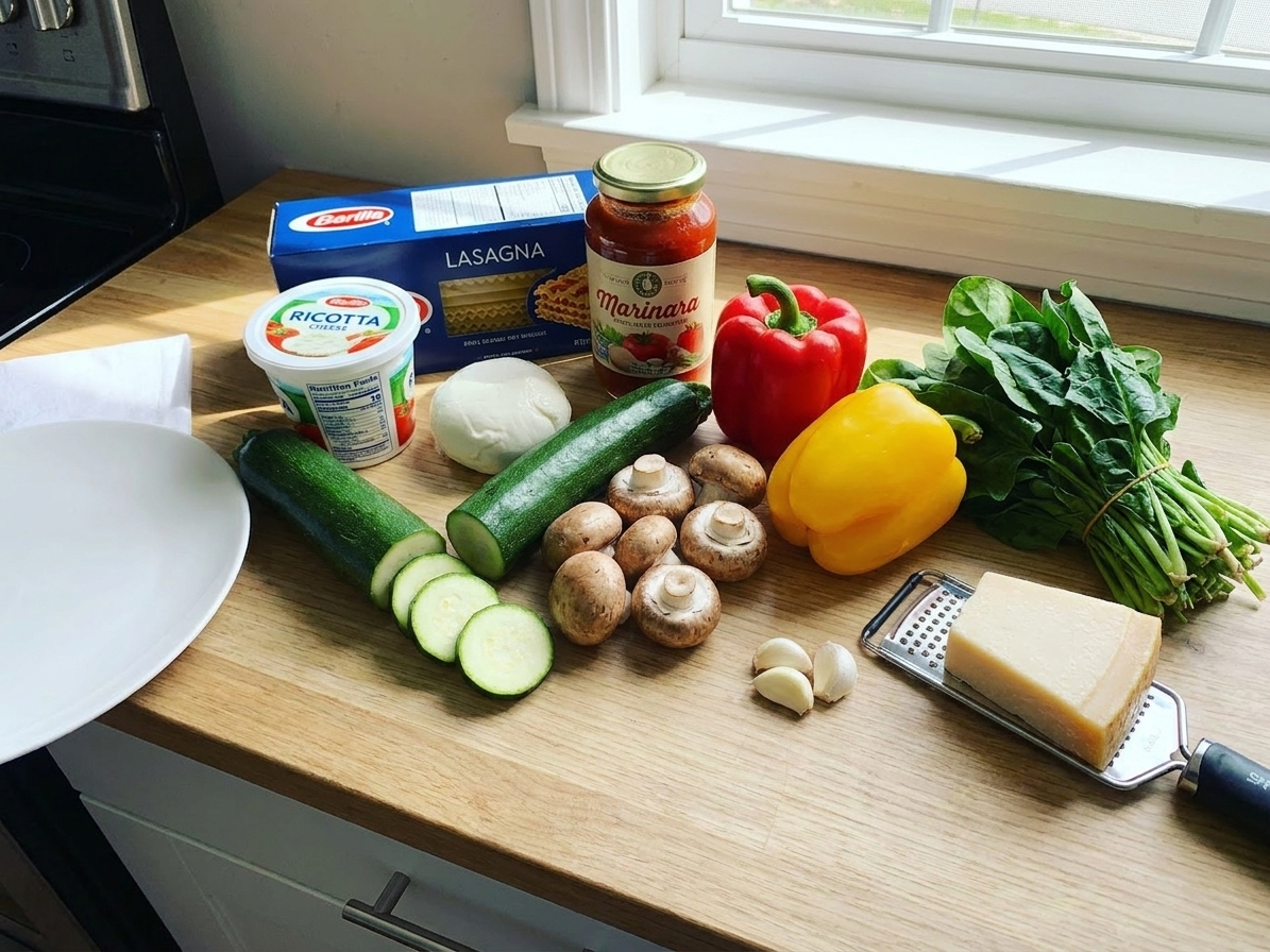 Lasagna ingredients arranged on a kitchen counter including lasagna noodles, ricotta, mozzarella, marinara, zucchini, mushrooms, bell peppers, spinach, garlic, and parmesan